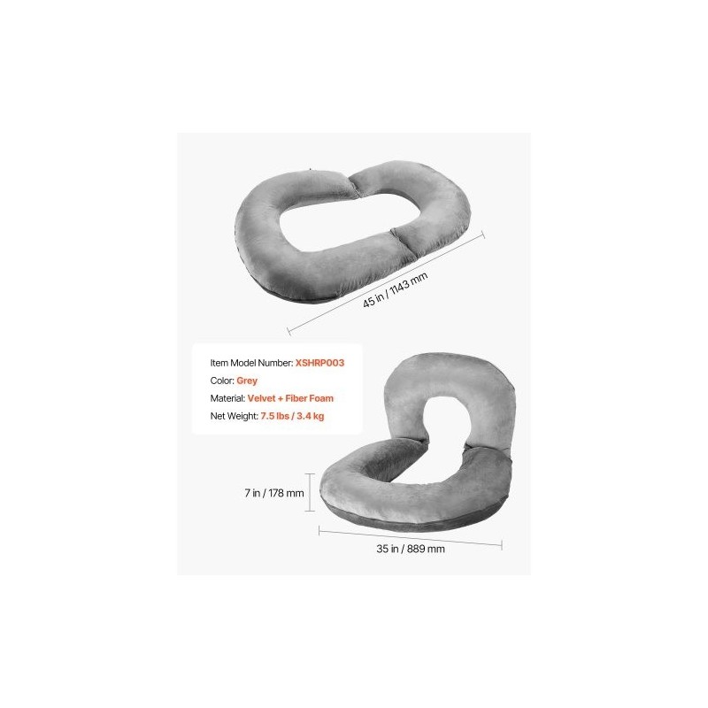 Suurikokoinen U-muotoinen seläntukityyny samettipäällisellä ja kuituvaahdolla 114x89x18cm harmaa