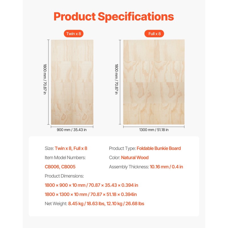 Täysikokoinen taitettava puinen sälepohja patjan tueksi 10 mm paksu