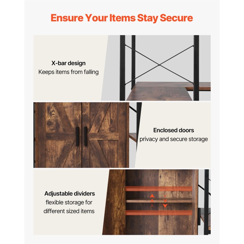 Kulmakirjahylly 6-kerroksinen L-muotoinen metallirunko MDF-puuhyllyt alakaapit ovilla musta ja ruskea