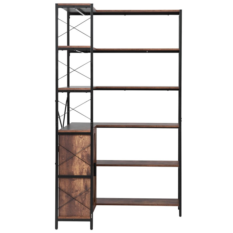 Kulmakirjahylly 6-kerroksinen L-muotoinen metallirunko MDF-puuhyllyt alakaapit ovilla musta ja ruskea