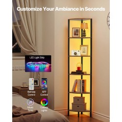 Kulmahylly metallirunko MDF-puuhyllyt 6 tasoa 171,5 cm LED-valonauhalla