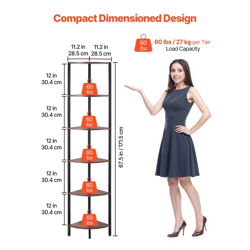 Kulmahylly metallirunko MDF-puuhyllyt 6 tasoa 171,5 cm LED-valonauhalla