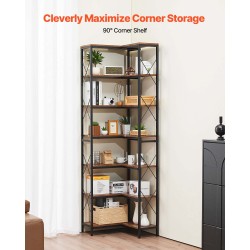 7-tasoinen L-muotoinen kulmakirjahylly metallirunko puuhyllyillä 60x60x200 cm olohuoneeseen