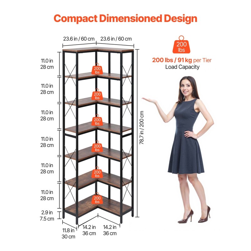 7-tasoinen L-muotoinen kulmakirjahylly metallirunko puuhyllyillä 60x60x200 cm olohuoneeseen