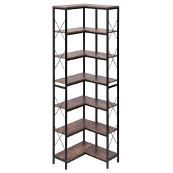 7-tasoinen L-muotoinen kulmakirjahylly metallirunko puuhyllyillä 60x60x200 cm olohuoneeseen