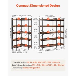 5-tasoinen L-muotoinen kulmakirjahylly musta metallirunko ruskeat puuhyllyt