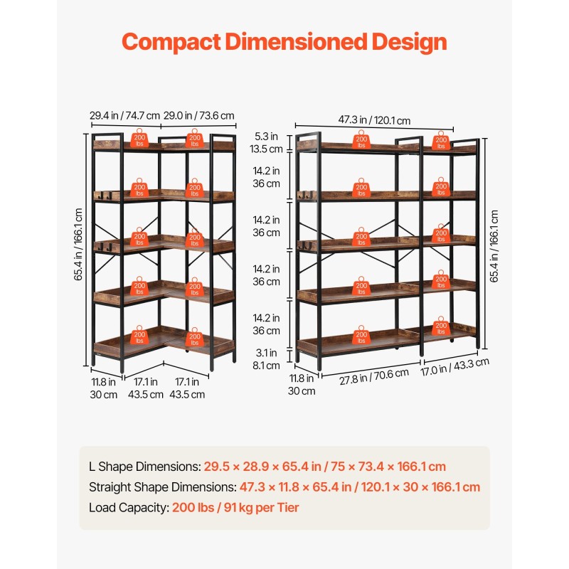 5-tasoinen L-muotoinen kulmakirjahylly musta metallirunko ruskeat puuhyllyt