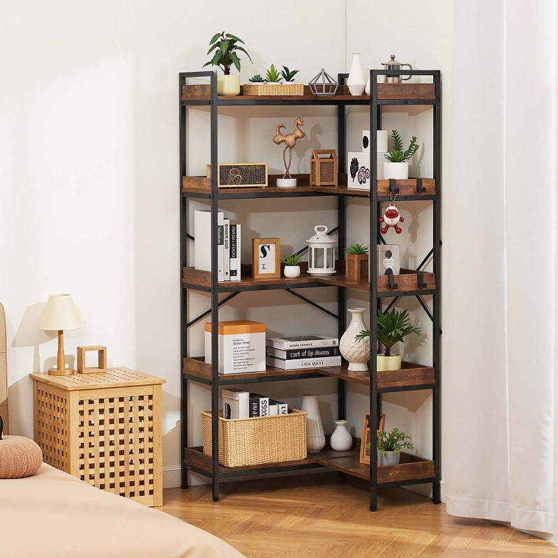 5-tasoinen L-muotoinen kulmakirjahylly musta metallirunko ruskeat puuhyllyt