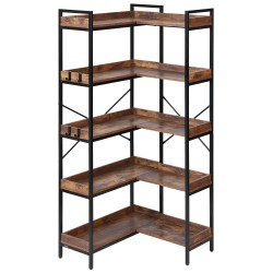 5-tasoinen L-muotoinen kulmakirjahylly musta metallirunko ruskeat puuhyllyt
