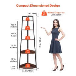 Kulmahylly 5-tasoa metallirunko MDF-hyllyt musta ja ruskea 43×43×178 cm