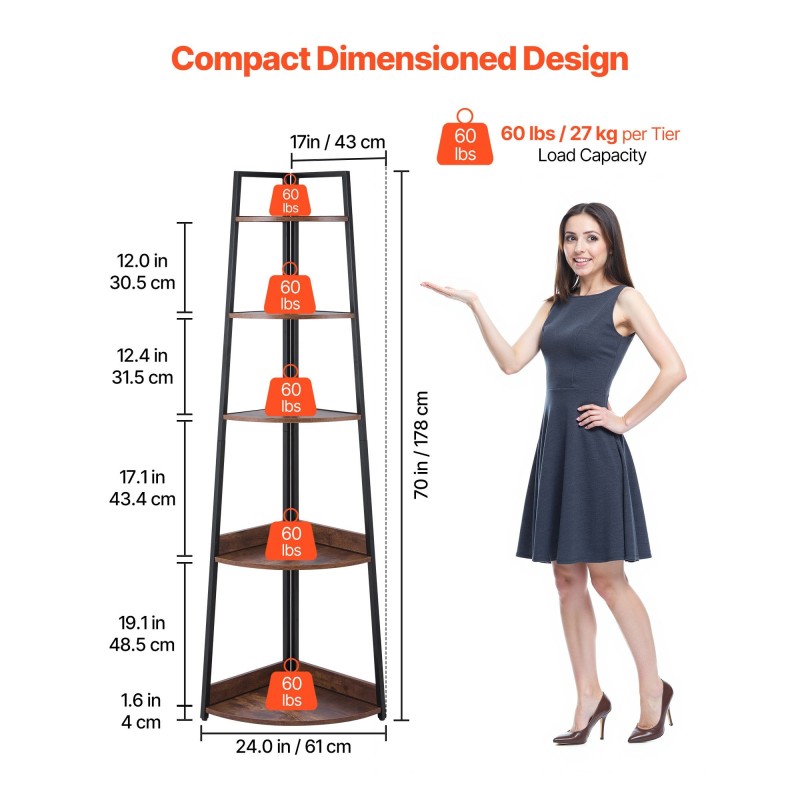 Kulmahylly 5-tasoa metallirunko MDF-hyllyt musta ja ruskea 43×43×178 cm
