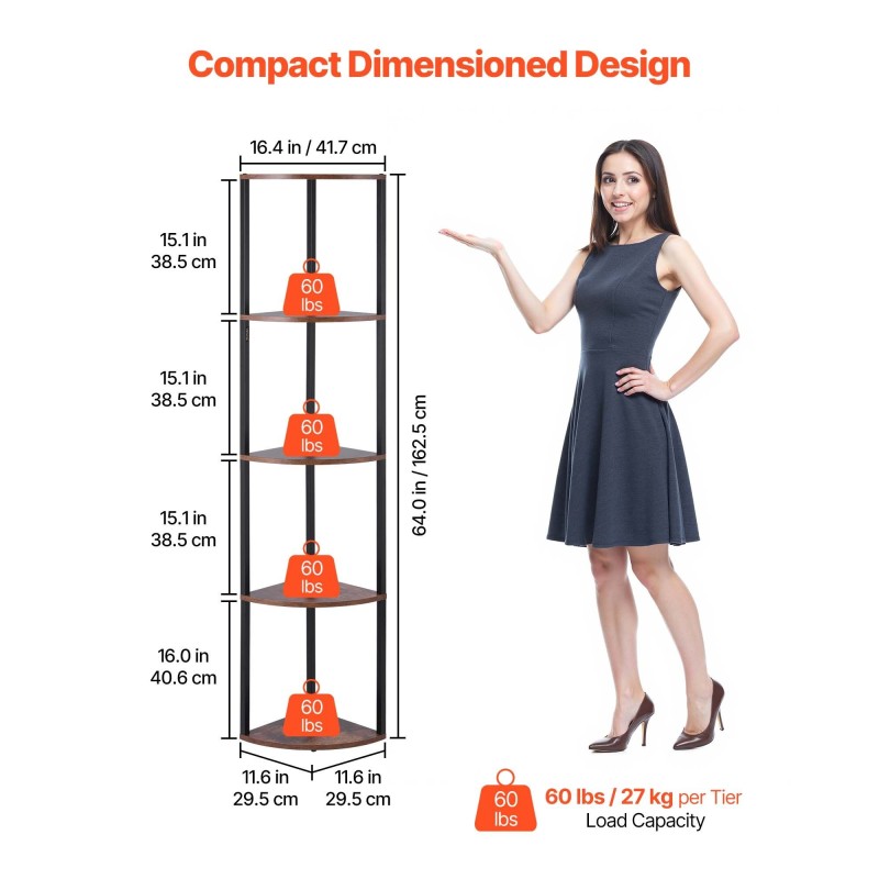 Kulmahylly 5 tasoa musta metallirunko ruskeat puuhyllyt LED-valonauhalla