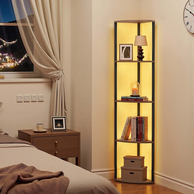 Kulmahylly 5 tasoa musta metallirunko ruskeat puuhyllyt LED-valonauhalla