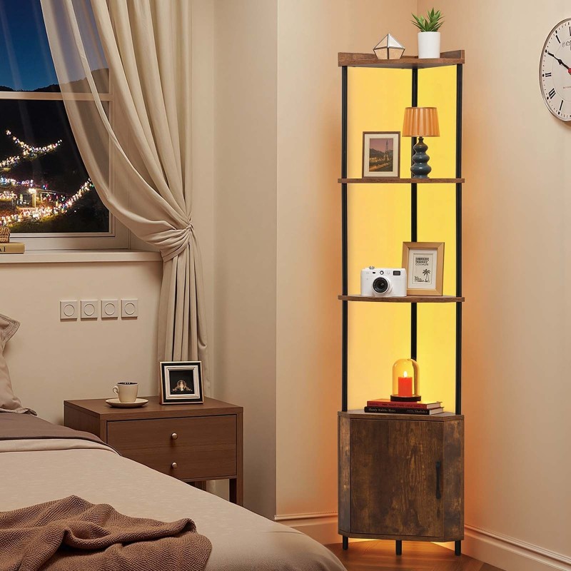 Kulmahylly 5-tasoinen kapea metallirunko MDF puuhyllyt 168 cm LED-valonauha