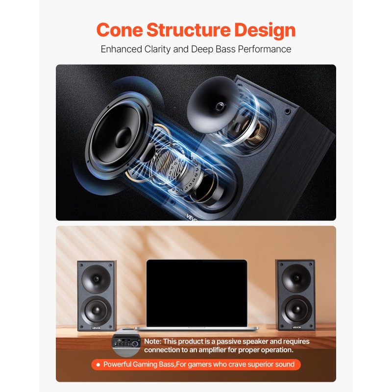 Kirjahyllykaiutinpari passiivinen 4 tuuman MDF-puurunko musta stereotoisto