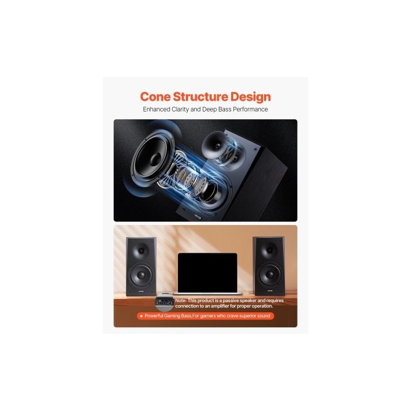 Passiivinen hyllykaiutinpari MDF-puukotelo kotikäyttöön stereo 100W musta