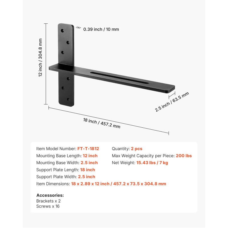 T-muotoiset teräksiset kelluvat hyllynkannattimet 18 tuuman tukilevy 2 kpl 90 kg kantavuus