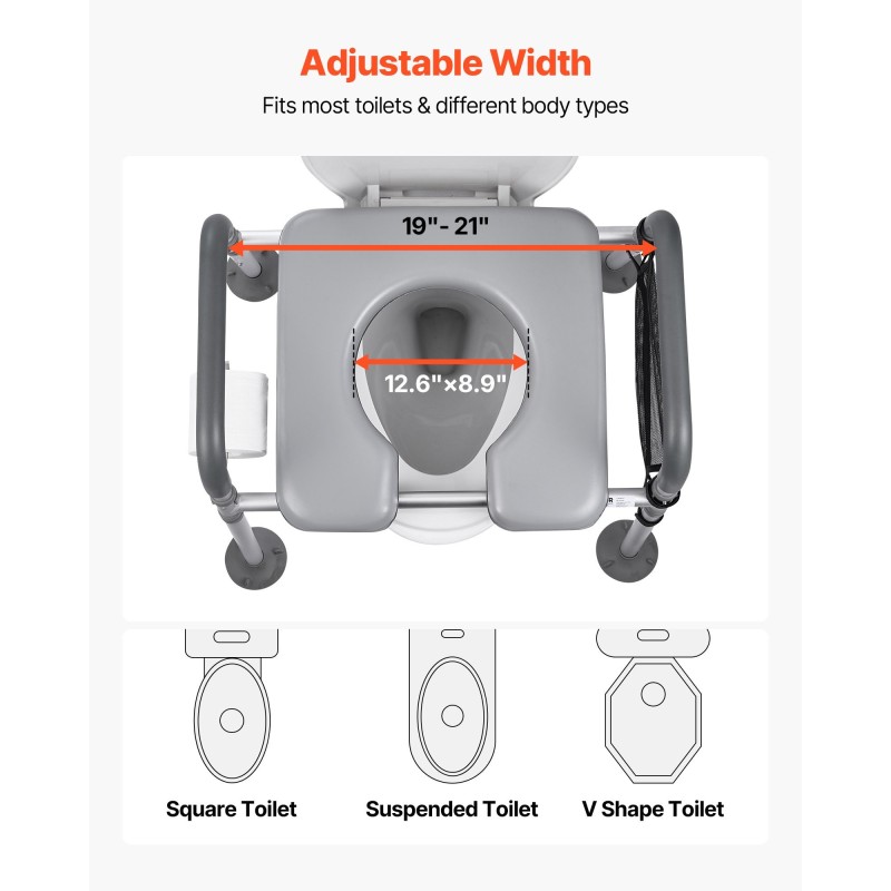 Sängynvierus-wc teräsrunko säädettävä korkeus ja leveys 227 kg 5L ämpäri