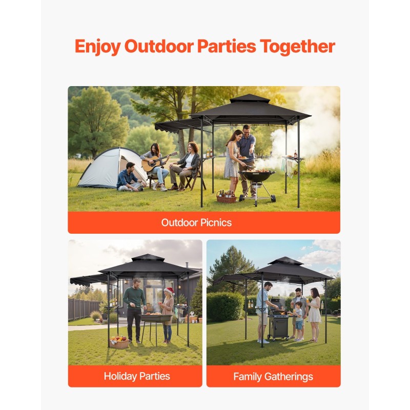 Metallinen grillikatos metallirunko 2–4 hengelle kaksikerroksinen UV-suojattu katto tummanharmaa