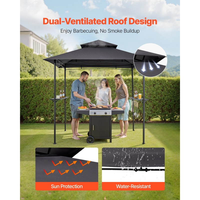 Metallinen grillikatos teräsrunko 2,43×1,5 m 2–4 hengelle tummanharmaa kaksikerroksinen katto