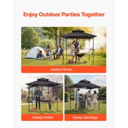 Metallinen grillikatos teräsrunko 2,43×1,5 m 2–4 hengelle tummanharmaa kaksikerroksinen katto