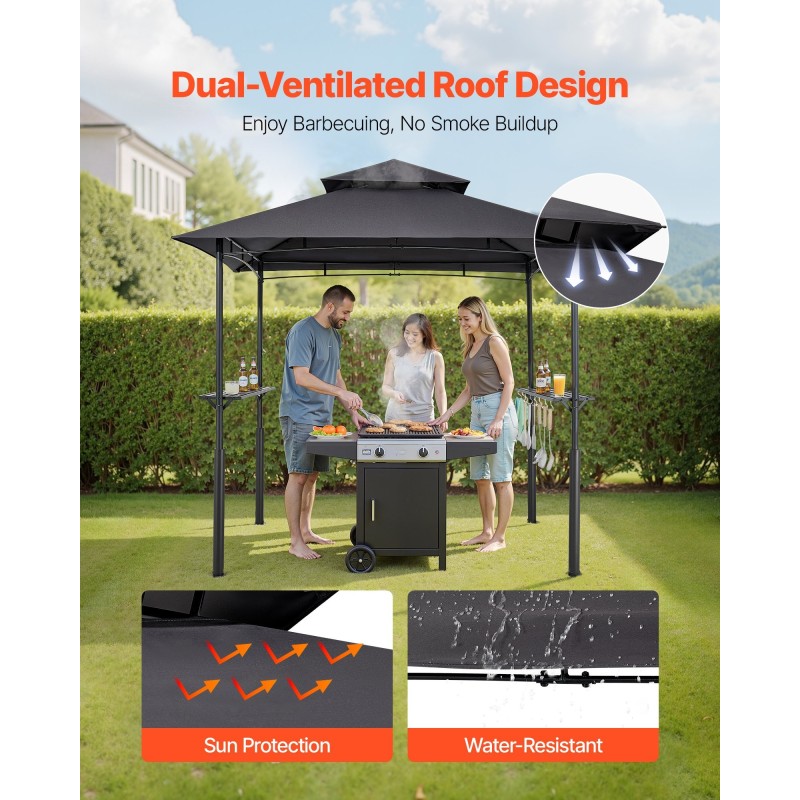 Metallinen grillikatos terassille 2–4 hengelle 2,43×1,5 m teräsrunko UV-suojattu kaksikerroksinen katto