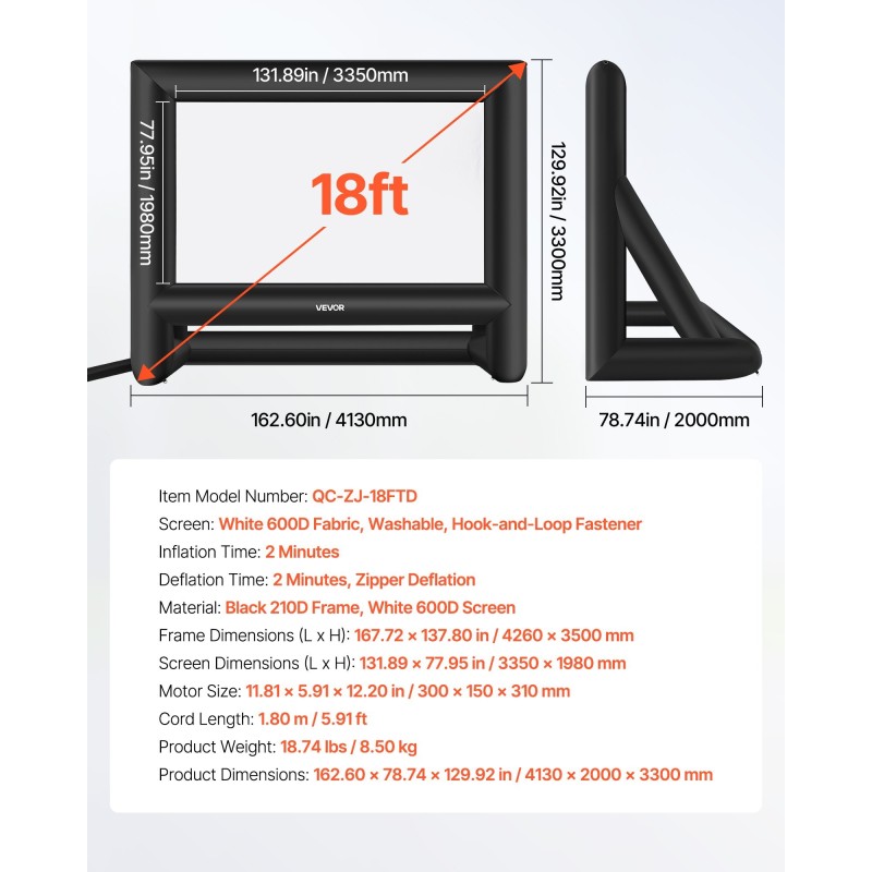 Puhallettava valkokangas 5,5 m 16:9 valkoinen 600D pestävä musta 210D runko