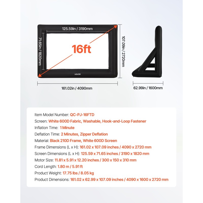 Puhallettava elokuvakangas 16 jalan pestävä valkokangas musta runko ulkokäyttöön