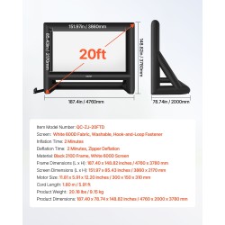 Ilmatäytteinen 600D-valkokangas 16:9 386 x 217 cm pestävä