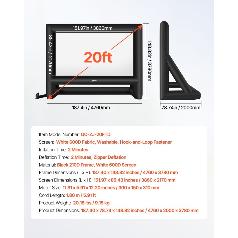 Ilmatäytteinen 600D-valkokangas 16:9 386 x 217 cm pestävä