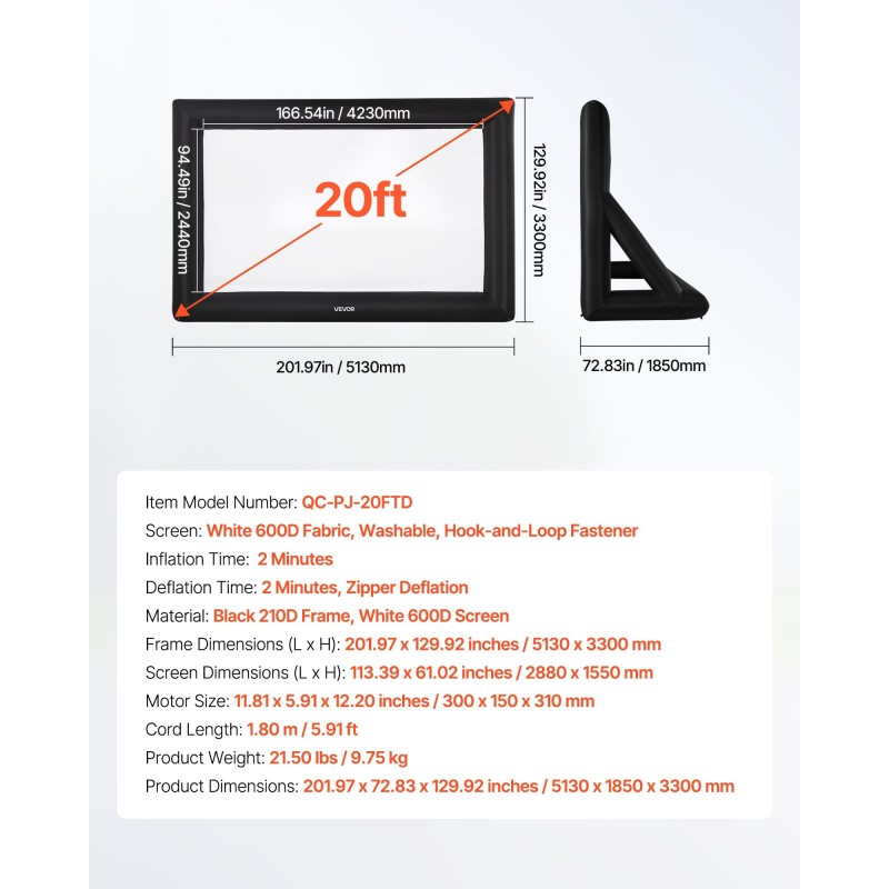 Ilmatäytteinen 20 jalan elokuvakangas valkoinen 600D musta 210D runko ulkokäyttöön ja sisäkäyttöön