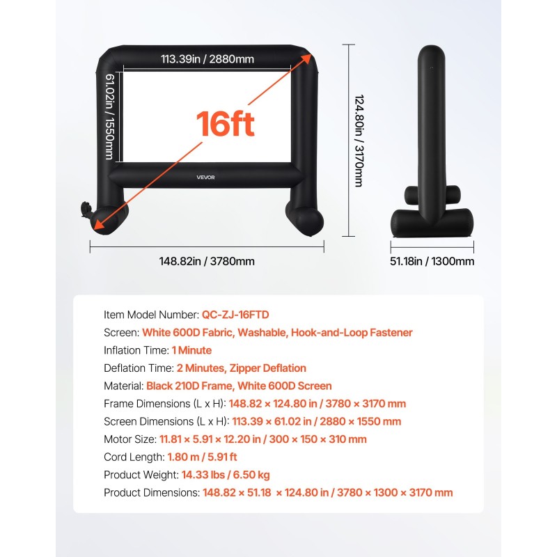 Puhallettava valkokangas 600D pestävä 288 x 155 cm ulkokäyttöön
