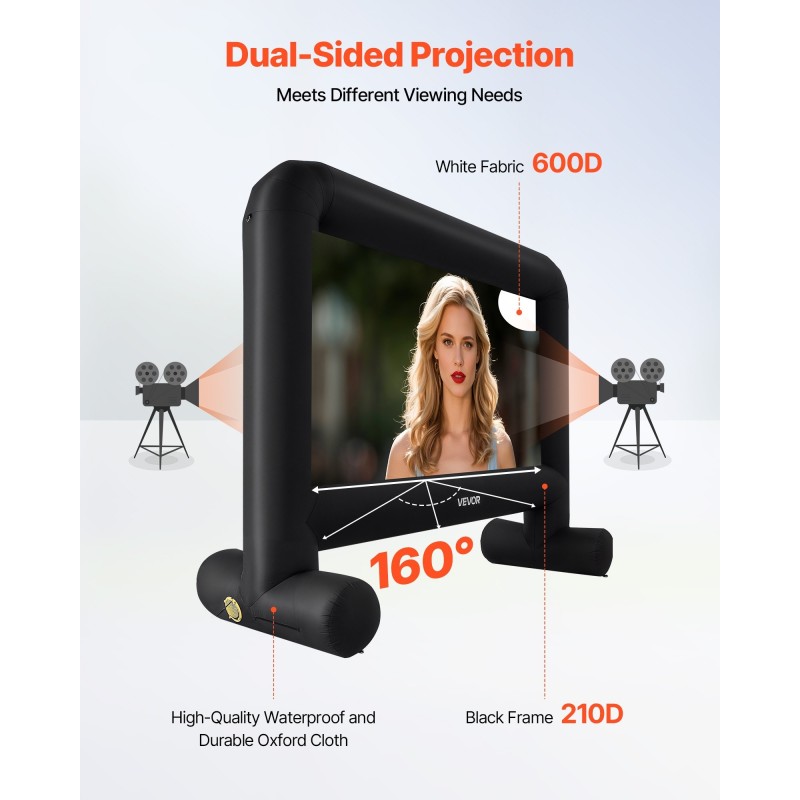 Puhallettava 15 jalan valkokangas 16:9 600D-pesunkestävä irrotettava