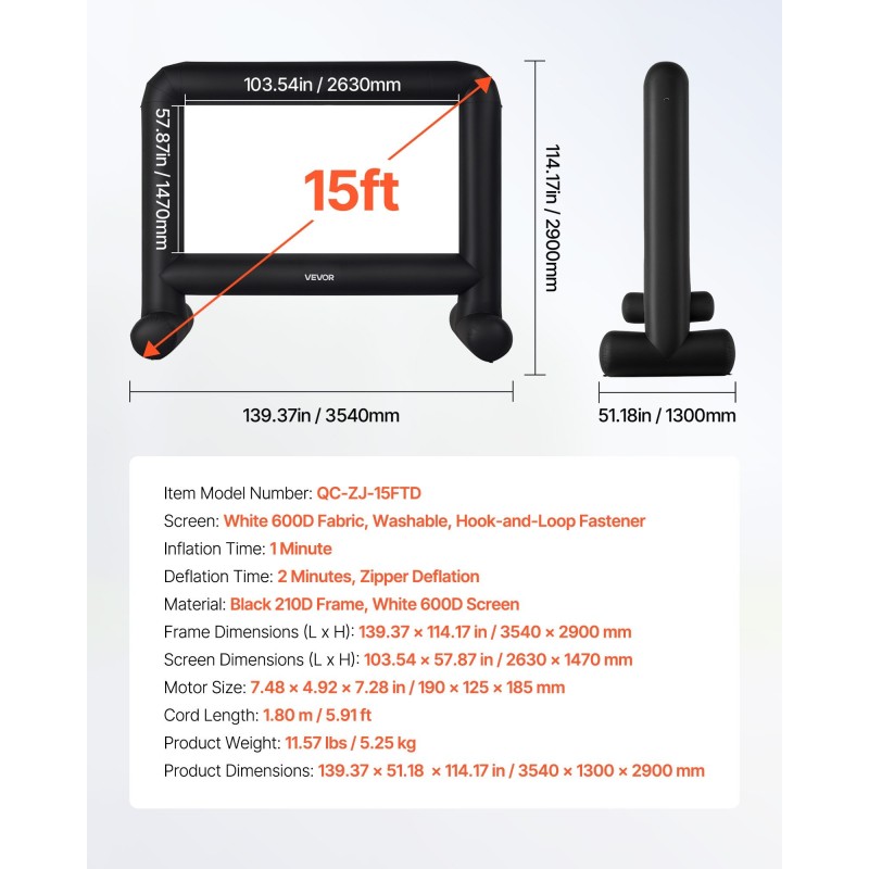 Puhallettava 15 jalan valkokangas 16:9 600D-pesunkestävä irrotettava
