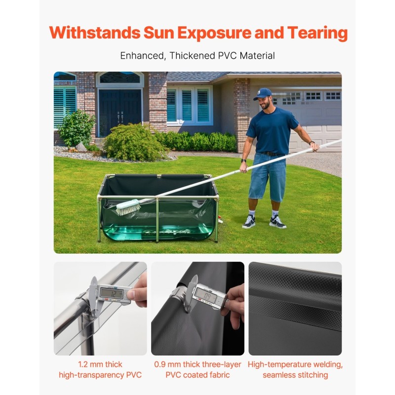 Maanpäällinen PVC-kaliallas 480 l ruostumattomalla teräsrungolla ja läpinäkyvällä paneelilla