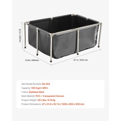 Maanpäällinen PVC-kaliallas 480 l ruostumattomalla teräsrungolla ja läpinäkyvällä paneelilla