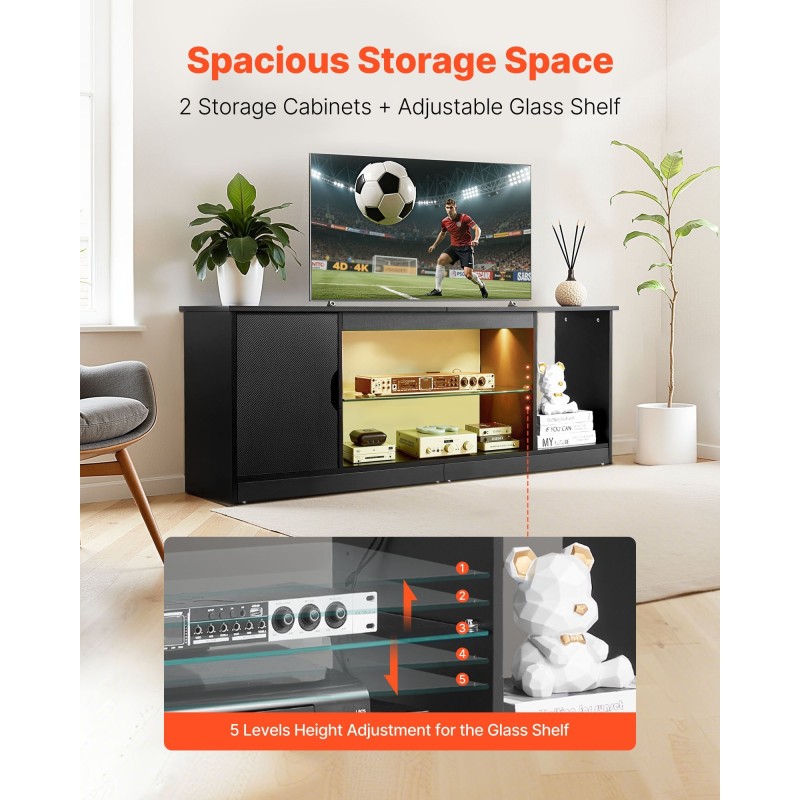 TV-taso karkaistusta lasista P2-luokan lastulevy 65 tuumalle säädettävillä hyllyillä LED-valonauhalla