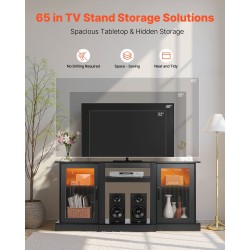 Televisiotaso karkaistulla lasilla ja lastulevyllä enintään 65-tuumaisille kolmella säädettävällä hyllyllä LED-valonauhalla