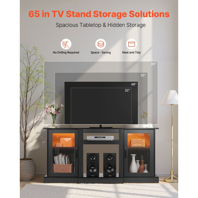 Televisiotaso karkaistulla lasilla ja lastulevyllä enintään 65-tuumaisille kolmella säädettävällä hyllyllä LED-valonauhalla