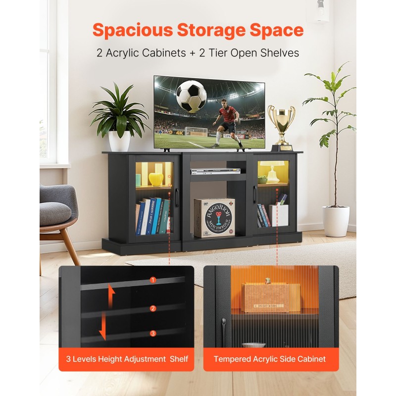 Televisiotaso karkaistulla lasilla ja lastulevyllä enintään 65-tuumaisille kolmella säädettävällä hyllyllä LED-valonauhalla