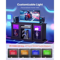 Televisiotaso karkaistulla lasilla ja lastulevyllä enintään 65-tuumaisille kolmella säädettävällä hyllyllä LED-valonauhalla