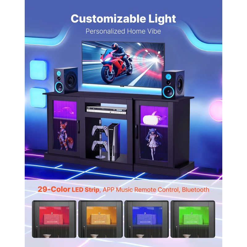 Televisiotaso karkaistulla lasilla ja lastulevyllä enintään 65-tuumaisille kolmella säädettävällä hyllyllä LED-valonauhalla