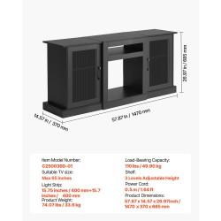Televisiotaso karkaistulla lasilla ja lastulevyllä enintään 65-tuumaisille kolmella säädettävällä hyllyllä LED-valonauhalla