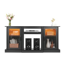 Televisiotaso karkaistulla lasilla ja lastulevyllä enintään 65-tuumaisille kolmella säädettävällä hyllyllä LED-valonauhalla