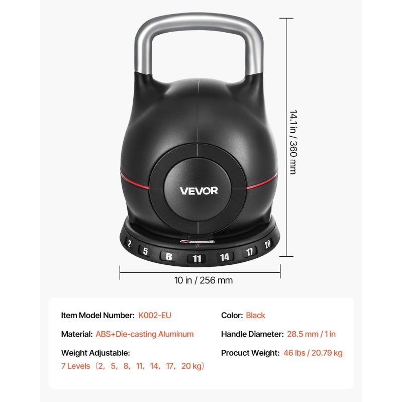 Säädettävä kahvakuula ABS-muovi ja painevalettu alumiini 2–20 kg