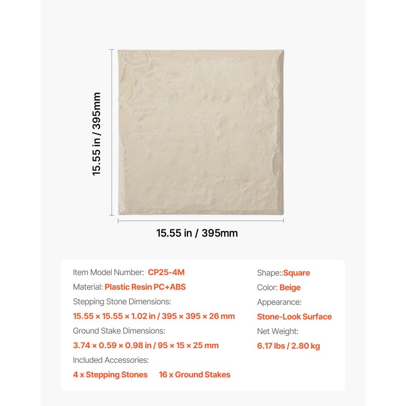 Puutarhan askelkivet muovihartsiset 4 kpl 39,5×39,5 cm beige