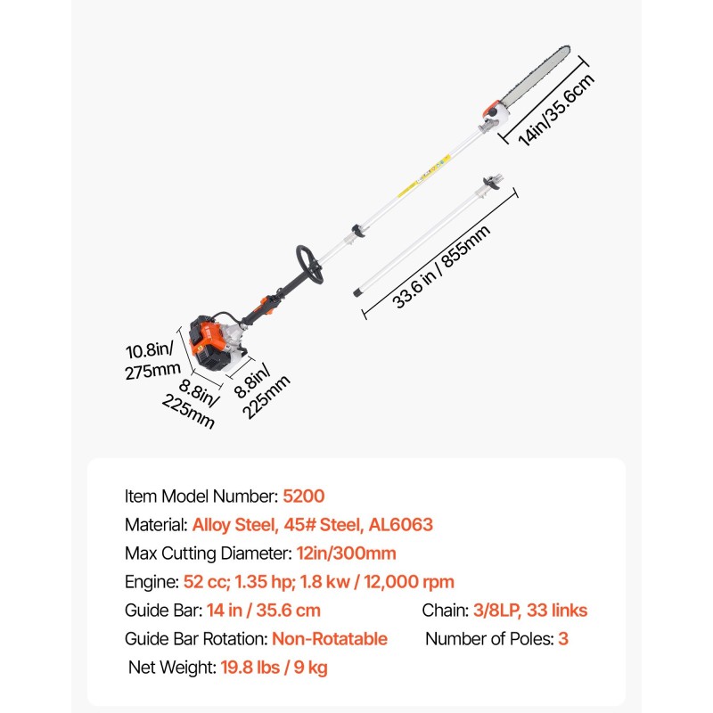 Bensiinikäyttöinen jatkovarsioksasaha 2-tahtinen moottori 14 tuuman laippa alumiininen jatkovarsi 2,2–2,94 m ulottuvuus