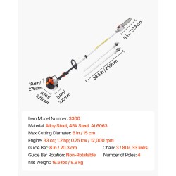 Bensiinikäyttöinen oksasaha kaksitahtinen 33 cm³ 20,3 cm laippa pituussäädettävä AL6063 alumiinivarsi