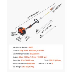 Jatkovarsisaha bensiinikäyttöinen 43 cc 2-tahti 30,48 cm terälaippa 3,66 m jatkovarsi