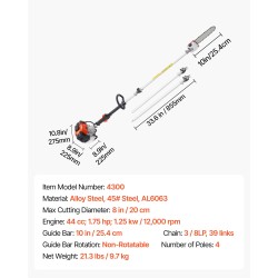 Jatkovarsioksasaha bensiinikäyttöinen 43 cc 25,4 cm laippa 2,08–3,58 m